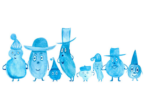 Watercolor illustration blue doodle funny kid, winter family on white background for your design