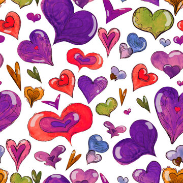Watercolor pattern colorful heart, love romance on white background for your seamless design