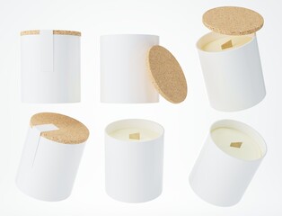 Aroma candle with wooden wick in white ceramic jar with cork lid 3D render, branding and design ready commercial mockup with copy space