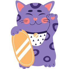 Maneki neko, japanese lucky cat, fortune symbol. Cute kitty character of oriental flat vector illustration.