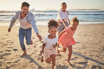 Family, beach and kids with parents running on sand on summer holiday. Mom, dad and children at...
