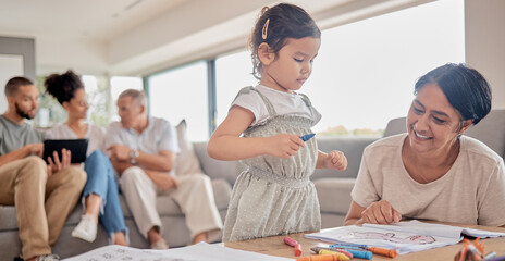 Happy family, child and grandmother bonding in and drawing a picture in living room, happy and relax. Love, kids and family time with girl enjoying art activity with her grandparent on in their home