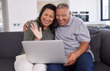 Fototapeta premium Retirement, video call and laptop with couple on sofa for communication, digital and internet. Happy, technology and online with elderly man and old woman in living room for family, website and relax