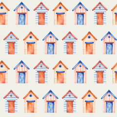 Colorful beach houses. Seamless watercolor pattern in cartoon style for print. Cute baby illustration.