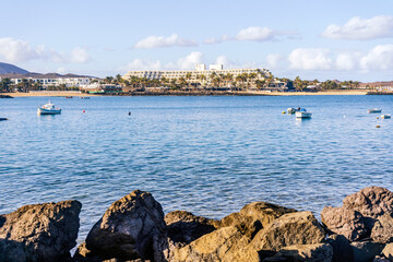 Fototapeta na wymiar View of the resort town named Costa Teguise before sunset, Lanzarote, Canary Island, Spain