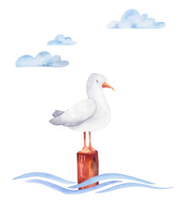 Watercolor card with a seagull in cartoon style on white background. Illustration for invitation, party for baby and children. Abstract creative design