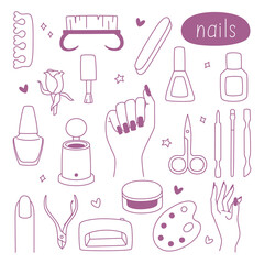 Manicure set of vector icons. Women's hands, nail polish, tools and other elements. - obrazy, fototapety, plakaty