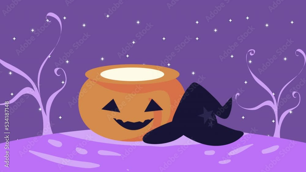 Poster halloween animation with pumpkin and witch hat