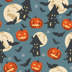 Halloween seamless pattern with dark castle, fool moon, bats and pumpkins on the sky