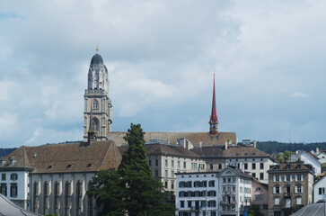 Zurich: buildings and towers of the Grossmünster (great minster), a Protestant church. Zürich,...