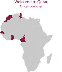 Maroon map of African countries participating in International Soccer Event in Qatar inside gray map of African continent
