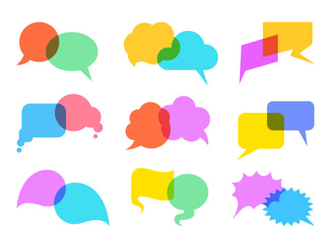 Speech bubble colorful cartoon chat dialog set. Balloon chat discussion symbol. Blank cloud for text. Creative message idea talk sign. Bright answer think decoration. Speak word comic frame