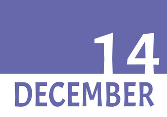 14 december calendar date with copy space. Very Peri background and white numbers. Trending color for 2022.