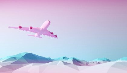 blue pastel mountain low poly style and pink airplane. 3d ocean or sea background. 3d illustration