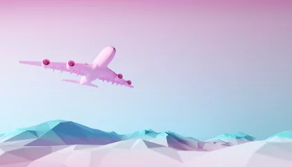 Zelfklevend Fotobehang blue pastel mountain low poly style and pink airplane. 3d ocean or sea background. 3d illustration © boommaval