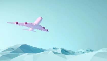 Foto op Canvas blue pastel mountain low poly style and pink airplane. 3d ocean or sea background. 3d illustration © boommaval