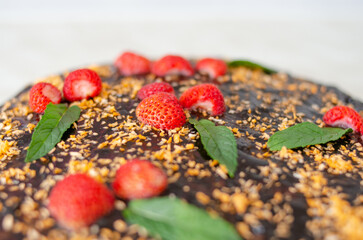 Fresh chocolate cake with strawberries and mint on a platter. Photo of homemade baked goods with selective focus