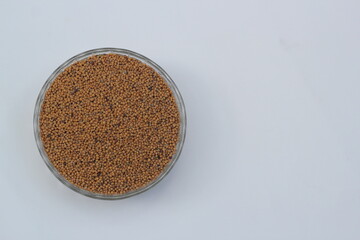 Mustard seeds on a glass bowl, mustard seeds on white background