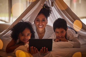 Family portrait, tablet and online app for kids cartoons, streaming and digital night story in blanket fort tent at home. Happy Brazil mother, smile children and reading, playing on internet tech - obrazy, fototapety, plakaty