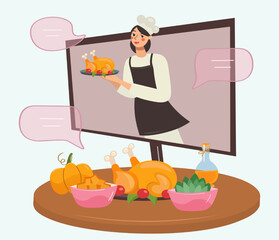 A cute chef comes out of the tablet. Vector cartoon flat isolated. Pretty female blogger serving turkey or chicken for Thanksgiving. The festive table is set. Cooking template with speech bubble