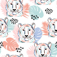 Seamless pattern with tigers, palm leaves, animal print. Creative texture for fabric, wrapping, textile, wallpaper, apparel. Vector illustration background © artlavi_design