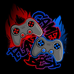 Illustration print for t-shirt with colorful  joystick game on fire and graffiti words. Background for boys.