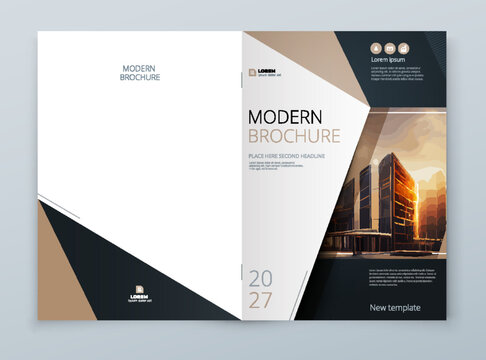 Brochure template layout design. Corporate business annual report, catalog, magazine mockup. Layout with modern beige elements and urban style photo. Creative poster, booklet, flyer or banner concept
