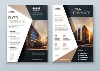 Flyer design. Corporate business report cover, brochure or flyer design. Leaflet presentation with abstract beige accent, polygonal shaped background. Modern poster magazine, layout, template. A4.
