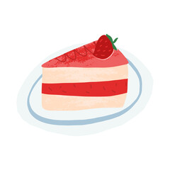 A piece of strawberry or fruit cake decorated a strawberry. Holiday, birthday traditional pastry. Vector illustration.