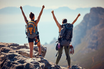 Hiking, mountain top and backpack women celebrate success, motivation and winning cliff climbing or trekking achievement. People, freedom and victory hands up celebration on nature hike adventure