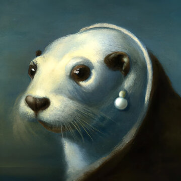 Sea Otter With A Pearl Earring Johannes Vermeer Style Illustration