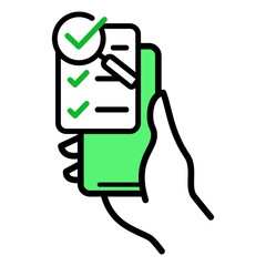 Checklist on smartphone screen icon. Hand holds mobile phone and check list, vector illustration