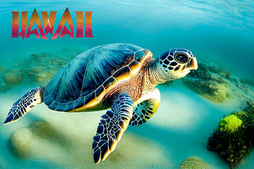 Fototapeta A sea turtle swims underwater in the waters of the Hawaiian archipelago. The concept of attracting tourists to Hawaii. 3d rendering obraz