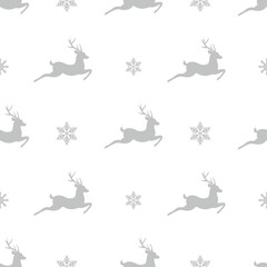 seamless winter pattern with silver grey snowflakes and deers with antlers. vector flat Christmas ornament on white background. winter reindeer texture.