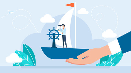 A businessman holds a ship in his hand. Management control. Concept of control, business management, life. Wooden ship wheel. Sailing, nautical. Flat style. Business illustration. © Yurii