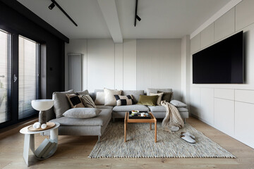 Creative composition of living room interior with design gray sofa, wooden coffee table, stylish...