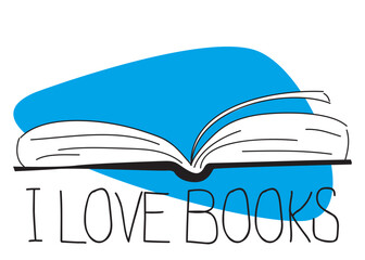 Book with I love books text. Card or banner vector illustration. Greeting card for Poetry day.