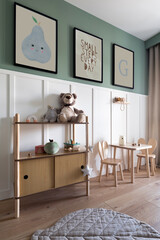 Design scandinavian kid room interior with toys, teddy bear, plush animal toys, furniture,...