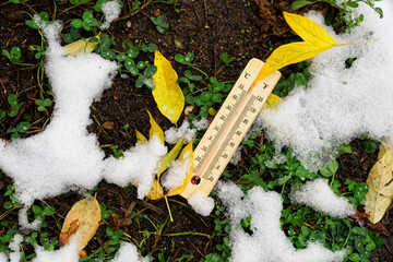 Thermometer showing zero degrees lies on the ground among freshly fallen snow, green grass and yellow autumn foliage. Soil temperature. Cold snap, frosts and the first snow. - obrazy, fototapety, plakaty