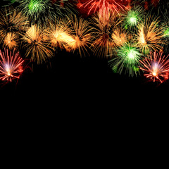 colorful fireworks framing, festive pyrotechnic show on dark night sky, free space, mockup for design, square frame