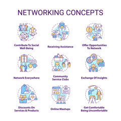 Fototapeta premium Networking concept icons set. Build professional connections. Expand business contacts idea thin line color illustrations. Isolated symbols. Editable stroke. Roboto-Medium, Myriad Pro-Bold fonts used