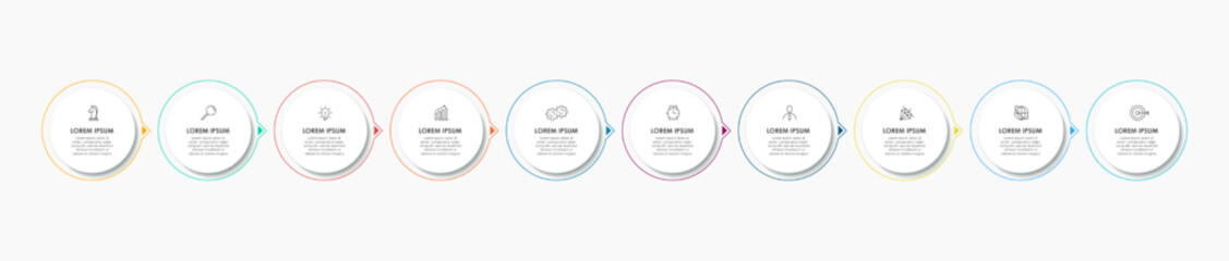 Business Infographics template. Timeline with 10 steps, options and marketing icons .Vector linear infographic with two circle conected elements. Can be use for presentation.