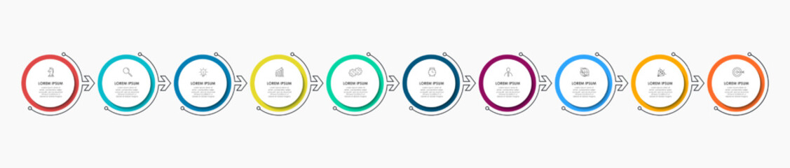 Business Infographics template. Timeline with 10 steps, options and marketing icons .Vector linear infographic with two circle conected elements. Can be use for presentation.