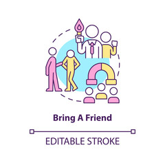 Bring a friend concept icon. Supportive mentor. Create lifelong friendship abstract idea thin line illustration. Isolated outline drawing. Editable stroke. Arial, Myriad Pro-Bold fonts used