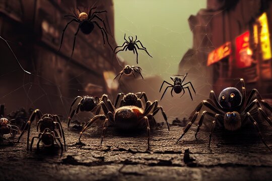 Spiders Run On The Streets At Night. They Weave Huge Webs In Urban Areas, Invading Houses And Affecting Health Of People. It's An Infestation And A Symbol Of Epidemic And Arachnophobia. 3D Rendering.