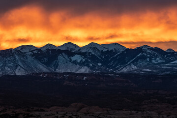 Fototapeta na wymiar Bright Morning Color Over The Snow Covered La Sal Mountains