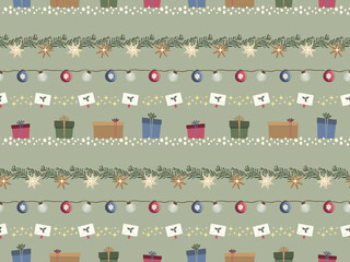 Christmas seamless pattern with gifts and holly