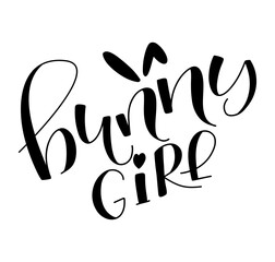Bunny girl black lettering with doodle ears isolated on white background