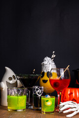 Halloween party bar festive drink, set various colorful alcohol, non-alcohol cocktails, drinks with...