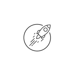 Outline rocket ship with fire flying out of circle isolated on white. Flat line icon. Vector illustration with flying rocket. Space travel. Project start up sign. Creative idea symbol. Black and white